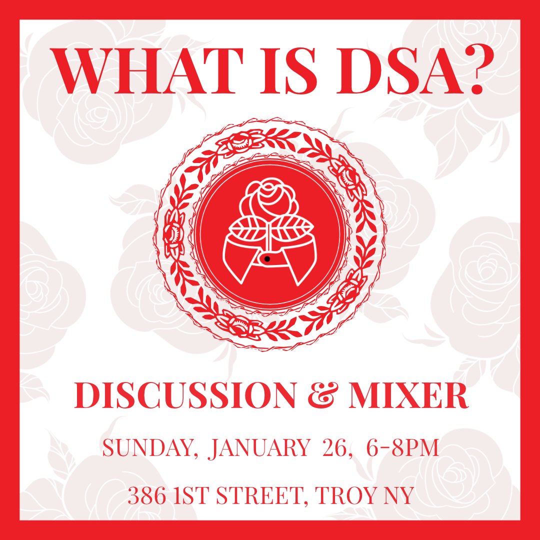 TroyDSA's tweet image. Thinking of getting involved in DSA?

Join  us on Sunday, January 26 to talk about what DSA is, what Troy DSA is  working on, and how we can build a better world together. After the  discussion, get some socialist socializing in! 

We hope to see you there 🌹
