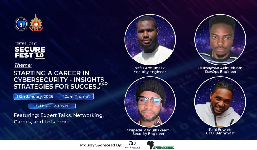 CYSSSA_lautech's tweet photo. Day 6: SecureFest 1.0
The formal day is here - SecureFest 1.0!
Expert talks, networking, awards, and everything cybersecurity.
Be part of history as we crown CYSSSA Week 3.0 in style.
Don't miss SecureFest! https://t.co/KtH3fIrwXu