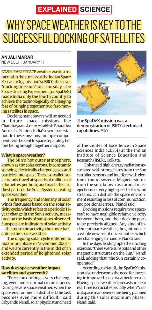 UpscScreenshots's tweet image. Role of Space Weather in Docking of Satellites.  
Important Ques. 
What is Space Weather?
Read the Details Below 👇. #UPSC #SPADEX