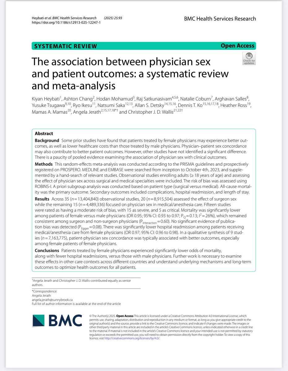 Mamas A. Mamas (@mmamas1973) on Twitter photo Patients treated by female physicians have better outcomes than those treated by men- our work led by Kiyan Heybati and <a href="/propelresearch/">Angela Jerath MD, MSc</a> published today
➡️ bmchealthservres.biomedcentral.com/counter/pdf/10…
Physician patient concordance associated with better outcomes particularly between female Patients treated by female physicians have better outcomes than those treated by men- our work led by Kiyan Heybati and <a href="/propelresearch/">Angela Jerath MD, MSc</a> published today
➡️ bmchealthservres.biomedcentral.com/counter/pdf/10…
Physician patient concordance associated with better outcomes particularly between female