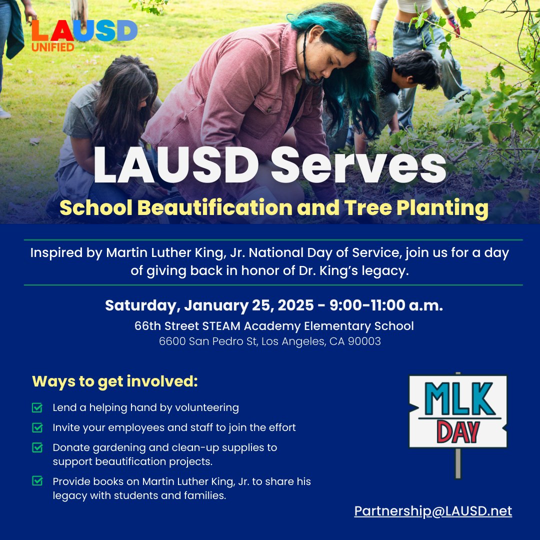 Join us in honoring Dr. King's legacy through service on Saturday, January 18. This #MLKDay, we're giving back to our community with a School Beautification and Tree Planting event at 66th Street STEAM Academy Elementary School. Volunteer, donate, or bring books to share Dr.