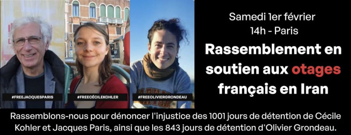Partagez, s’il vous plaît.
Please share.

Cécile Kohler et Jacques Paris sont détenus illégalement en #Iran depuis 987 jours. 
987 jours derrière des barreaux sans raison, loin de leurs proches.

Cécile Kohler and Jacques Paris are unlawfully detained in #Iran for 987 days.
987