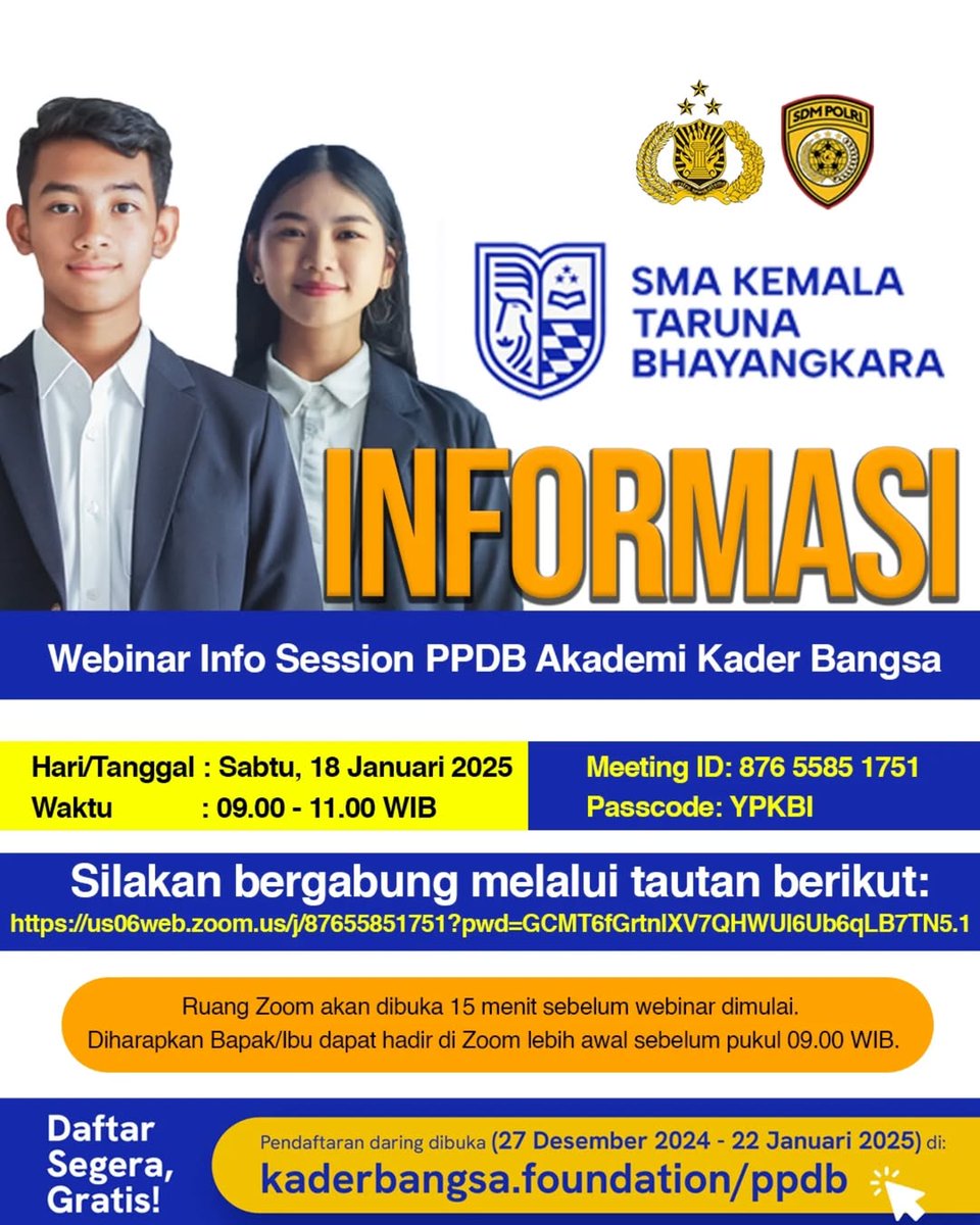 INFORMASI UNTUK DULUR PRESISI 🔥
Webminarnya sendiri akan dilaksanakan :
📅 Hari/Tanggal: Sabtu, 18 Januari  2025
⏰ Waktu: **09.00 - 11.00 WIB*
Silakan bergabung melalui tautan berikut:
us06web.zoom.us/j/87655851751?…

Meeting ID: 876 5585 1751
Passcode: YPKBI