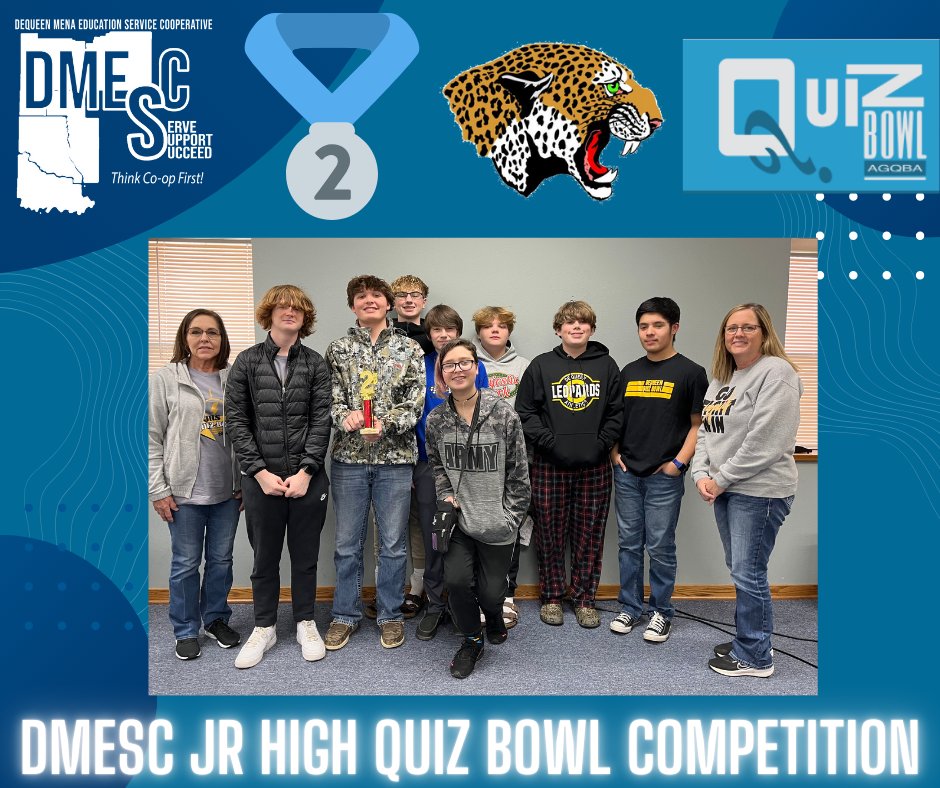 DMESC_'s tweet photo. 🏆🎉 Congrats to the champions of the annual DMESC Jr. High Quiz Bowl! 🎉🏆
🥇 Champion: Dierks
🥈 Runner Up: De Queen
Great job to all the participants! 👏
#thinkcoop1st We Serve and Support our Schools so that ALL Students Succeed. #yourBESTsolution
#LeopardPride https://t.co/bKTc8l7n4s