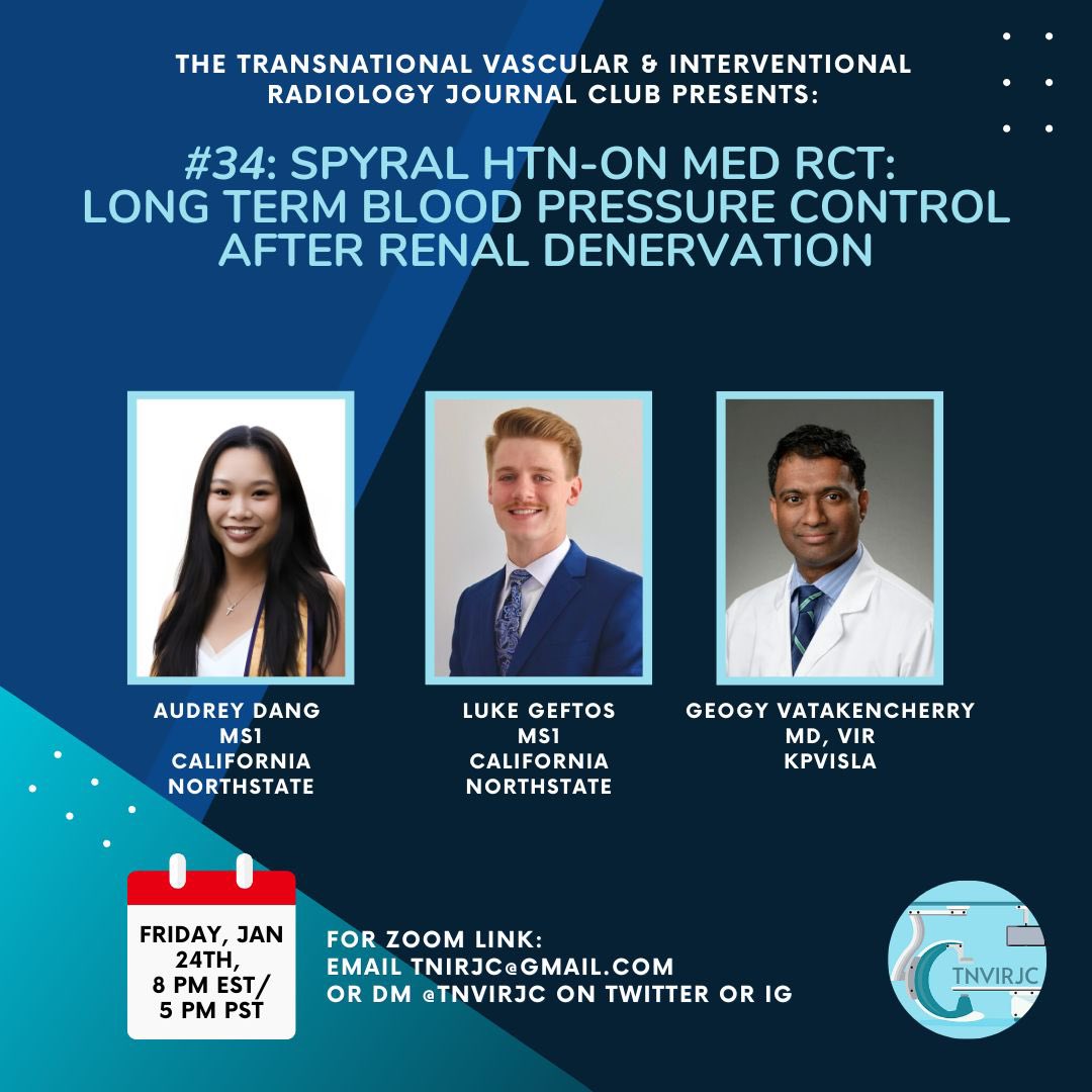 📣 Next Journal Club is here! 📣
🗓️ Friday, JANUARY 24, 2024
⏱️ 5 PST/8 EST

Topic: Long Term Reduction in Morning &amp; Nighttime Blood Pressure after Renal Denervation
Trial: Kario et al 2022
Presented by: <a href="/LGeftos/">Luke Geftos</a> &amp; Audrey Dang
Facilitated by: <a href="/VISLAMDSCAIP/">GVATAKEN</a>

DM for Zoom link!