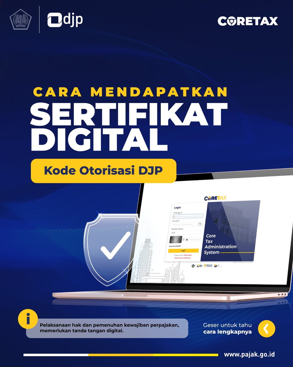 DitjenPajakRI's tweet photo. #KawanPajak, sekarang Anda bisa mendapatkan sertifikat digital atau kode otorisasi DJP melalui https://t.co/eOhbDCPSod.

Kode otorisasi adalah tanda tangan elektronik yang diterbitkan oleh DJP, untuk pelaksanaan hak dan pemenuhan kewajiban pajak secara digital.

Pastikan untuk mengikuti langkah-langkah yang ada dan siapkan dokumen yang diperlukan. Simak infografis berikut untuk informasi lebih lanjut!
