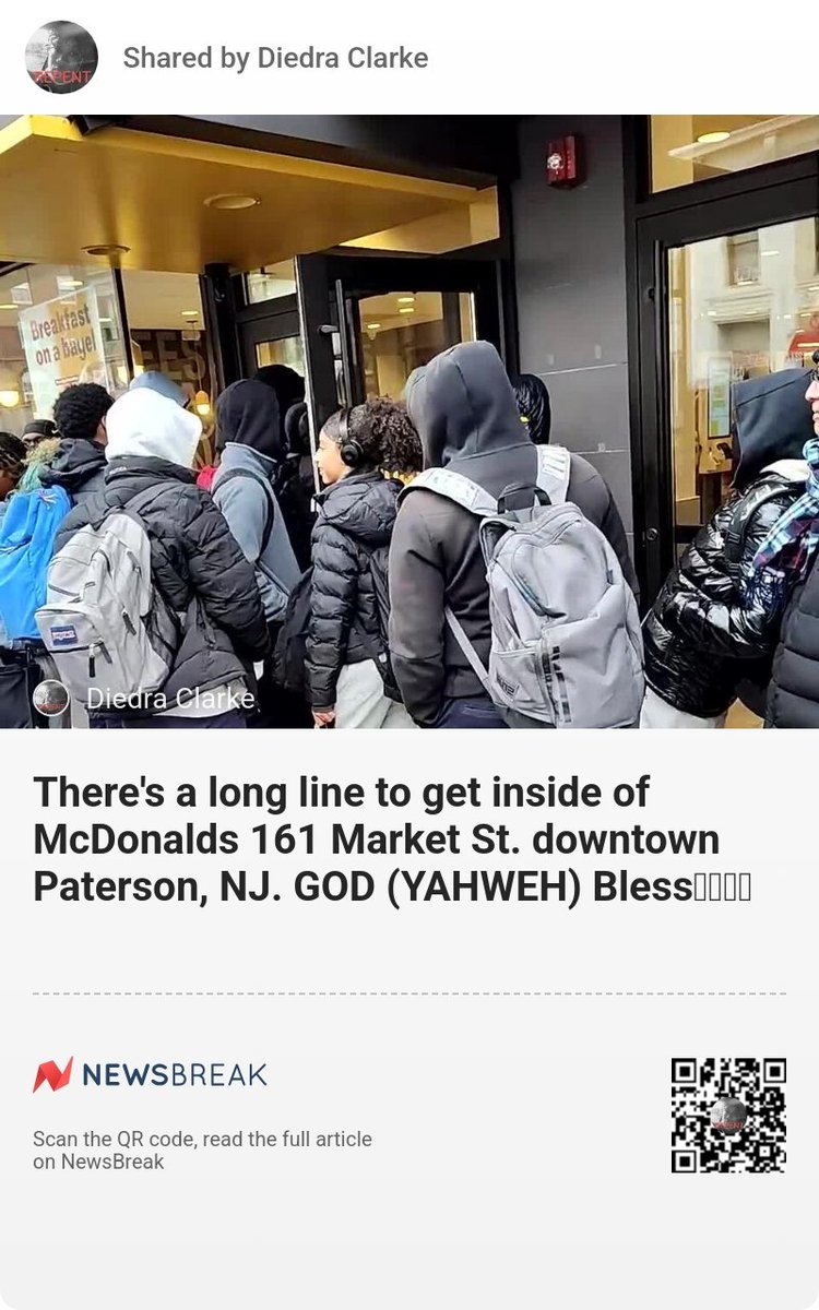 diedra_clarke's tweet image. [Video] There's a long line to get inside of McDonalds 161 Market St. downtown Paterson, NJ. GOD (YAHWEH) Bless🛐💞🙌🏾 #NewJersey #GetInside
share.newsbreak.com/ayl3xtrl