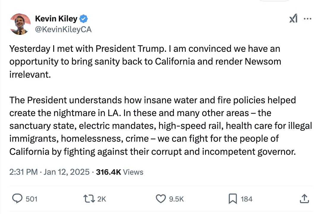 Yup, perfect timing.

Maybe Gavin read Congr. Kevin Kiley's post from a week ago.

Something big is afoot for California and Gavin knows it.

Gavin's between the ROCK of Trump and Kiley, and the HARD PLACE of having no money.

Great time for a governor to boogie.