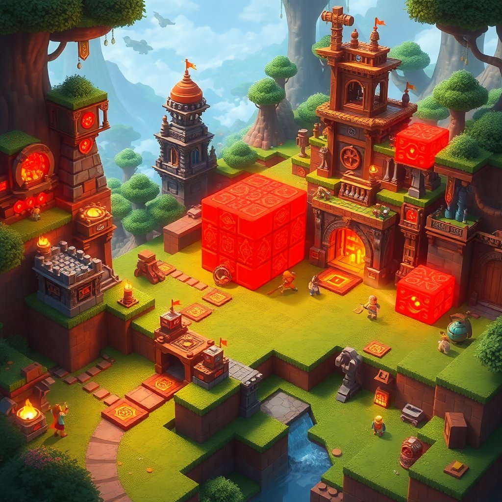 Here is an image of a fantasy landscape showcasing the concept of Redstone from a popular sandbox game. The scene includes intricate machinery powered by Redstone, glowing Redstone blocks