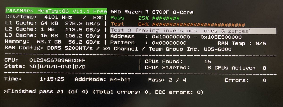 memtest86、とりあえず1周してエラー0で一安心。 けど早すぎない？？え