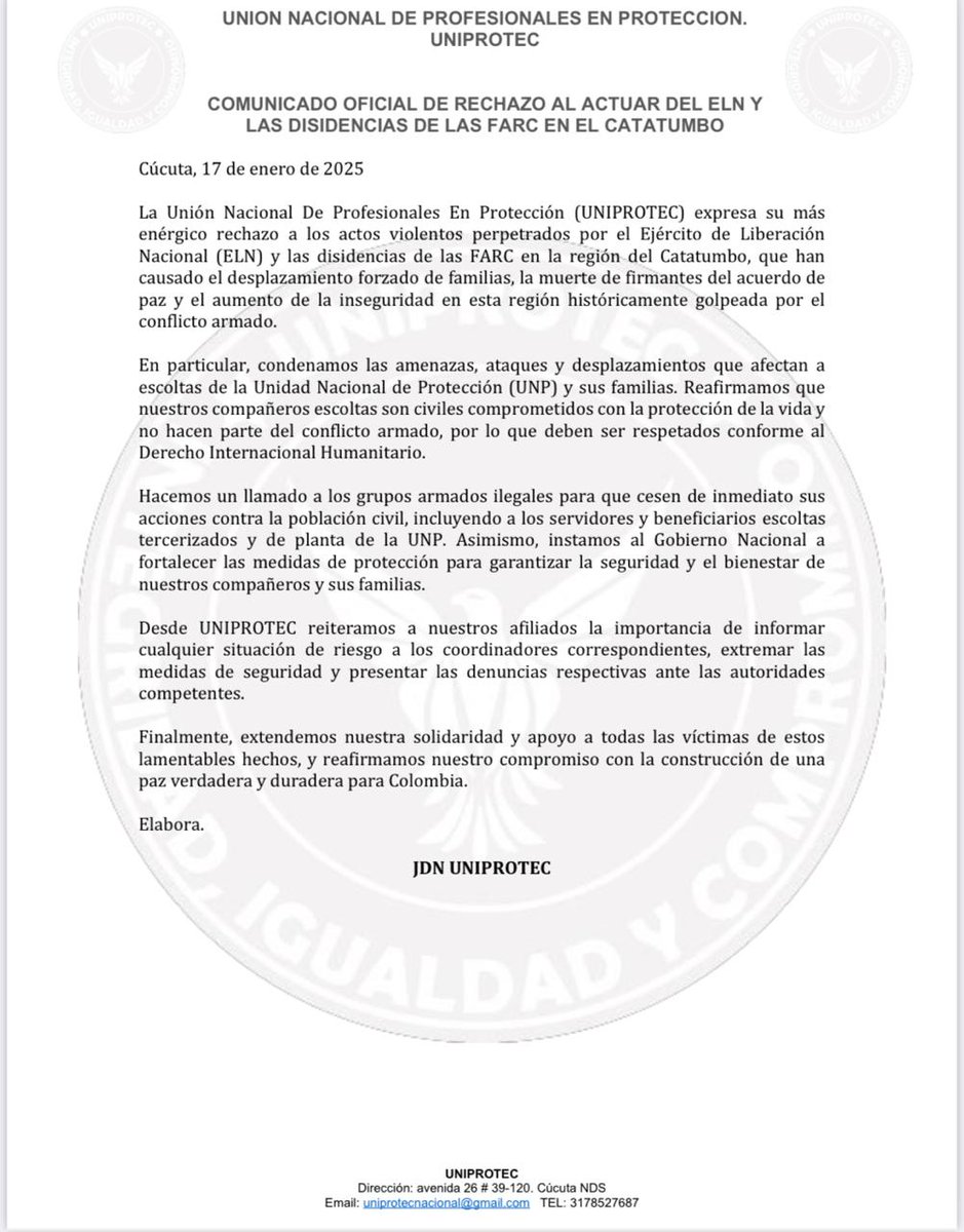 Rechazamos el actuar de los grupos armados en la zona del catatumbo donde la población civil y demás personas ajenas al conflicto están siendo afectadas. <a href="/petrogustavo/">Gustavo Petro</a> es su deber tomar el control <a href="/DefensoriaCol/">Defensoría del Pueblo</a> <a href="/PGN_COL/">Procuraduría General de la Nación</a> <a href="/ONU_es/">Naciones Unidas</a>  #SOSCatatumbo
