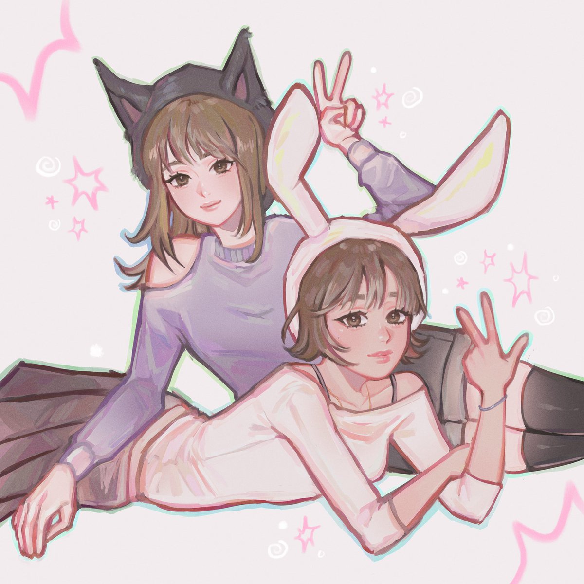 I drew me and <a href="/Leyalee2/">🐧 🌟 𝓛𝓮𝔂𝓪 🌟🐧</a> :3 🩷 She drew me too but I think she’s gate keeping it from the world 😌 

#artmoots #ArtistOnTwitter #illustration