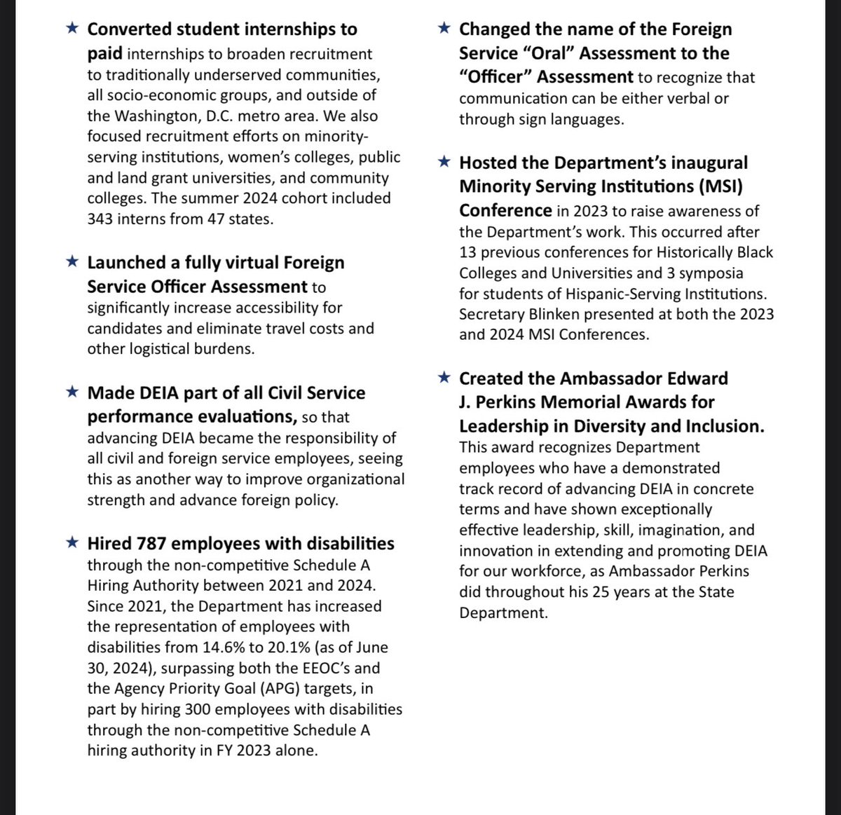 robbystarbuck's tweet photo. I just received a copy of the State Department’s new DEI Accomplishments list.

Want to know what @StateDeptDEIA has been doing with your money? Here’s a small sample of what I found in the 24 page document:

• They commemorated "Black Conciousness Month through LGBTQ+ culture"

• They created "best practices" to promote "preferred" pronoun usage

• They Launched an "all ages" DEI Library in Cambodia

• Made DEI part of ALL civil service performance evaluations "so that advancing DEIA became the responsibility of all civil and foreign service employees"
• Lots of training on "allyship"

• You paid for the career development of women in Gambia

• Inclusive language training in Panama, especially with regards to LGBTQ+ Panamanians

• DEI workshops in Belgrade

• A DEI Hall of Fame in New Delhi

• Changed the name of the foreign services "oral assessment" to the "officer assessment" because the term oral assessment may have excluded non-verbal people

• Created a DEI Award

• State admits to focusing recruitment efforts for paid internships on "minority-serving institutions" and "women’s colleges" (This would seem to violate civil rights laws and discriminate toward White men)

• Created new racial equity frameworks for how the State Department works overseas

• Created and distributed trainings on how to interact with non-binary identifying people and on "colorism"

• Gave US citizens the option to put X on their passport instead of male or female

• They launched DEI Mentorship programs

• Created new guidances for transgender people so that they can use whatever bathroom or facilities they want and so other employees would be forced to call them by their made up gender

This is just some of the crazy stuff Democrats have been doing with your money at the @StateDept. I hope to hear that @marcorubio will end all of this, close the DEI office, fire everyone involved, burn the trainings and deploy an immediate investigation to ensure that the DEI ideology no longer exists at the State Dept.

@elonmusk @DOGE @realDonaldTrump