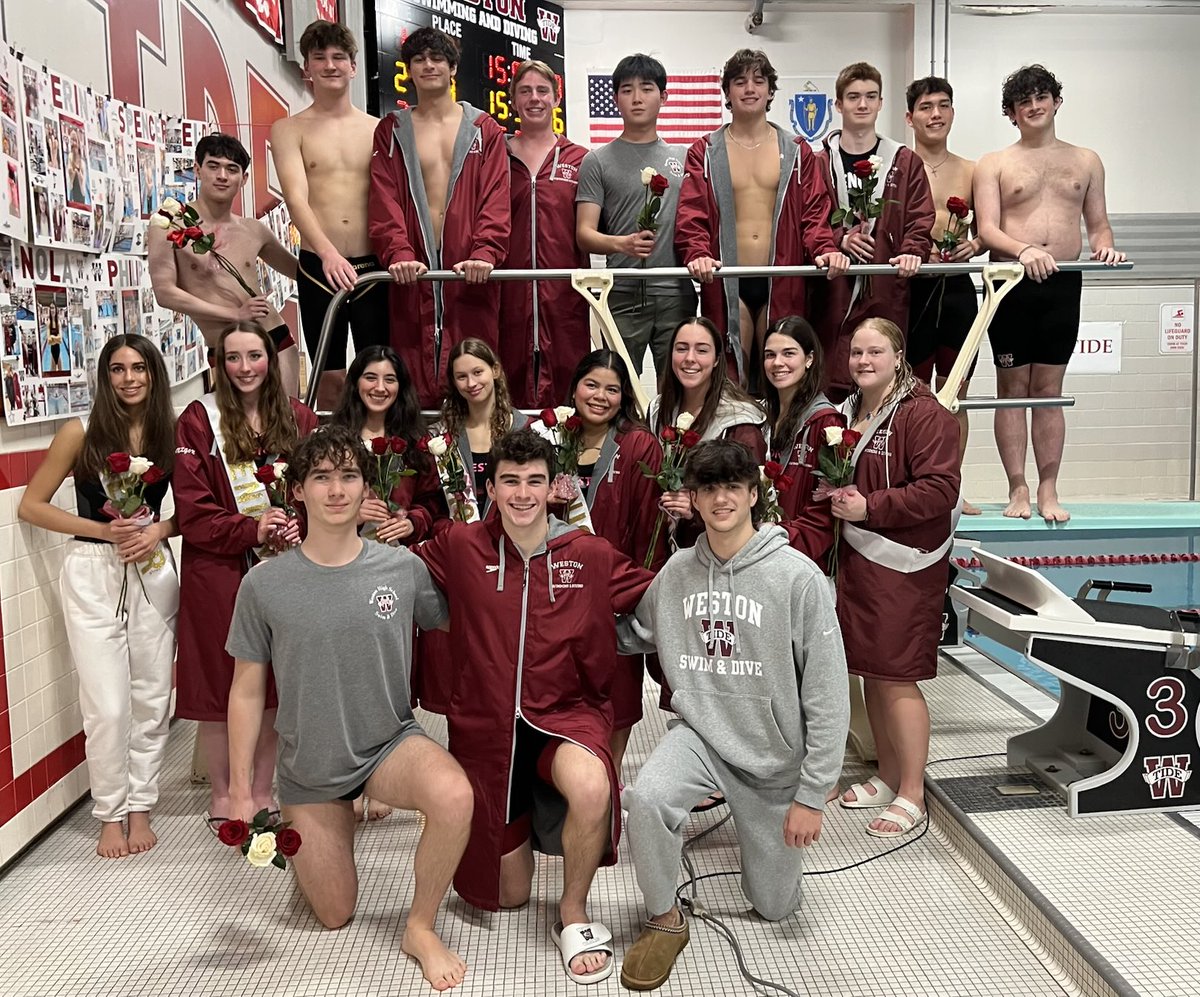 Weston Swim/Dive with wins today over Waltham on Senior Day. Girls 102-55 and Boys 97-61. Best of Luck to all our Seniors!
