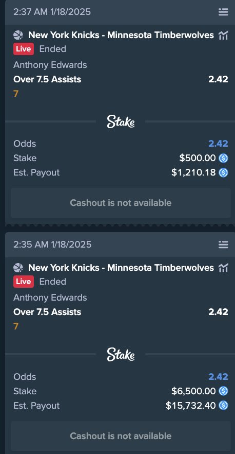 neverrichaga1n's tweet image. Game ended @nbastats @NY_KnicksPR still haven't fixed this obvious Anthony Edwards assist. 

This mistake is costing me nearly $20k. Please RT for @nbastats to fix this.

2Q 05:07 J. McDaniels Running Pullup Jump Shot (5 PTS)

This is an A. Edwards ASSIST! He should have 8 not 7.