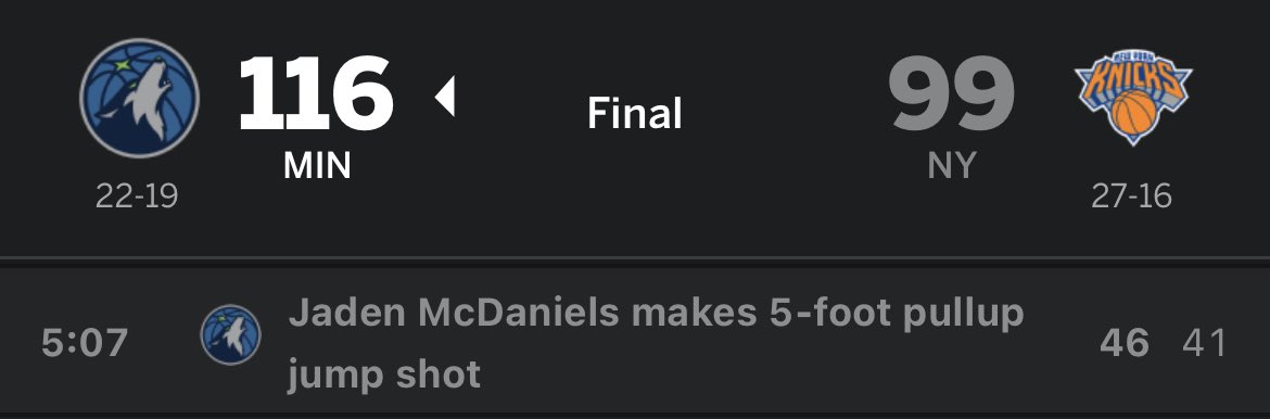 neverrichaga1n's tweet image. Game ended @nbastats @NY_KnicksPR still haven't fixed this obvious Anthony Edwards assist. 

This mistake is costing me nearly $20k. Please RT for @nbastats to fix this.

2Q 05:07 J. McDaniels Running Pullup Jump Shot (5 PTS)

This is an A. Edwards ASSIST! He should have 8 not 7.