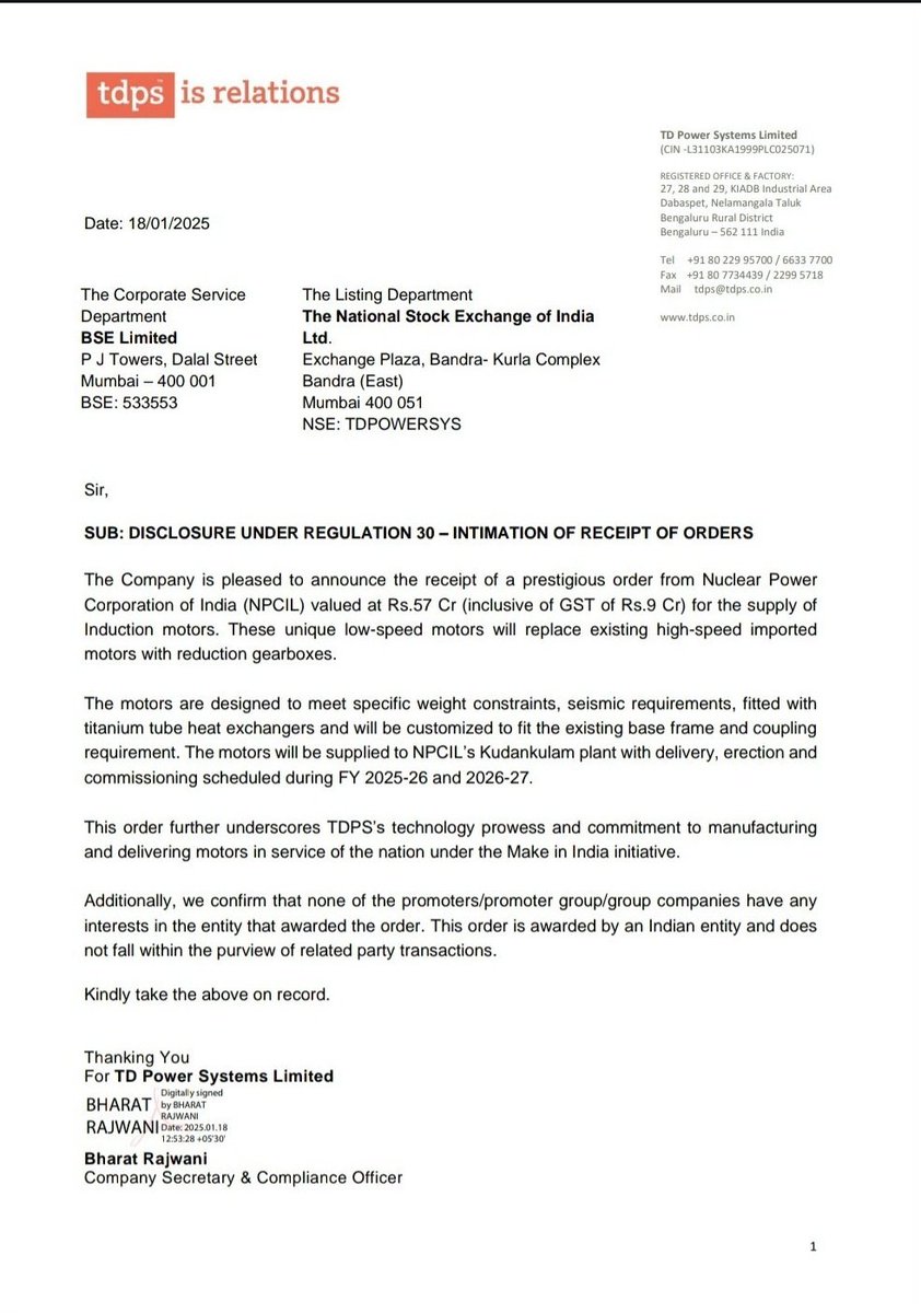 SMESTOCKNEWS's tweet image. TD Power Systems Ltd has received an order worth 57 cr from the Nuclear power corporation of India to supply unique low speed induction motors.
@Satyam2226 is keeping close watch on the selective sector.
#TDPOWERSYS