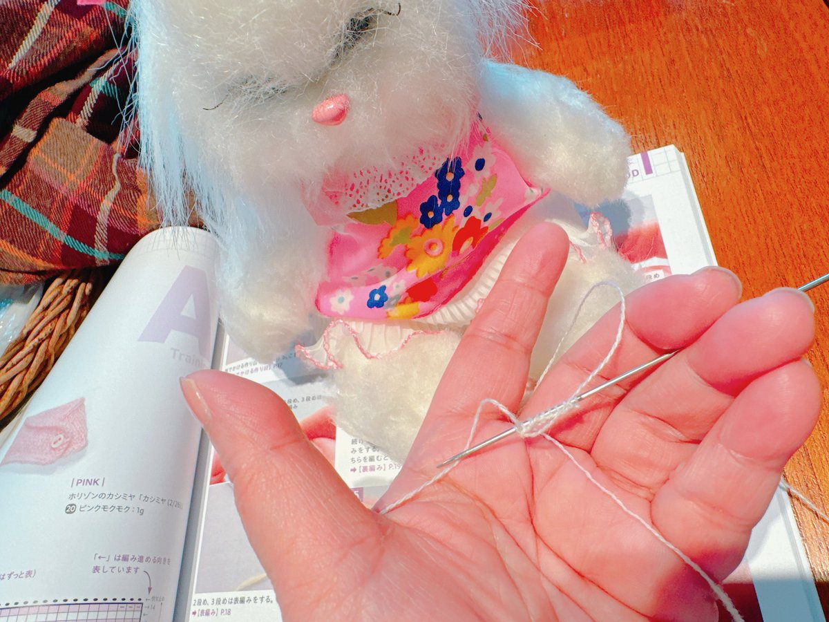 こんにちはみなさん
私は今地獄にい…とても楽しい編み物をしています🤤🧶

私のベストフレンド
トリバードさんが編集した一冊
「ミニチュアニットの教科書」📕
を見ながら
まずは練習として
一番簡単な地獄…スヌードを編んでいます🧶🌸💘（隣でトリーバードさんも眉間に皺を寄せています🌸🤤）