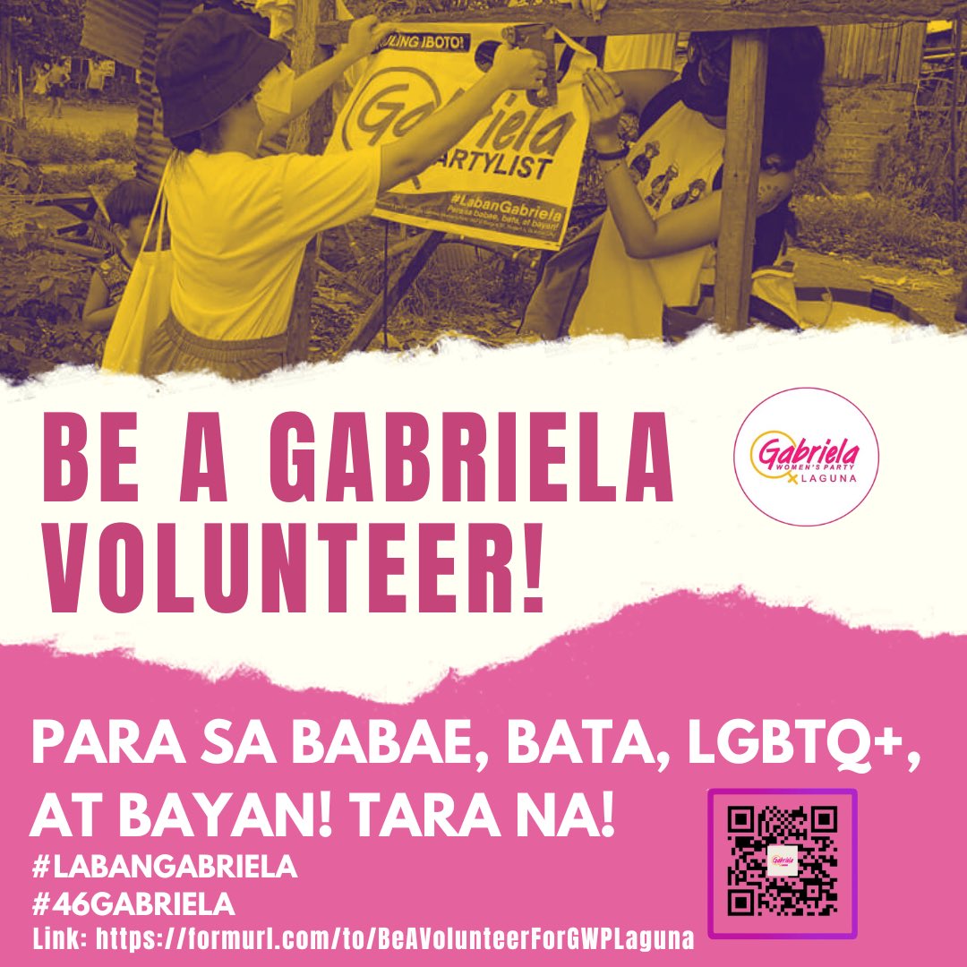 💜 CALL FOR VOLUNTEERS 💜

Gabriela Women's Party Laguna is looking for volunteers for the upcoming 2025 elections. Join us to promote the rights and welfare of women, children, LGBTQ+, and the Filipino People.

Sign up here: formurl.com/to/BeAVoluntee…

#LabanGabriela 
#46Gabriela