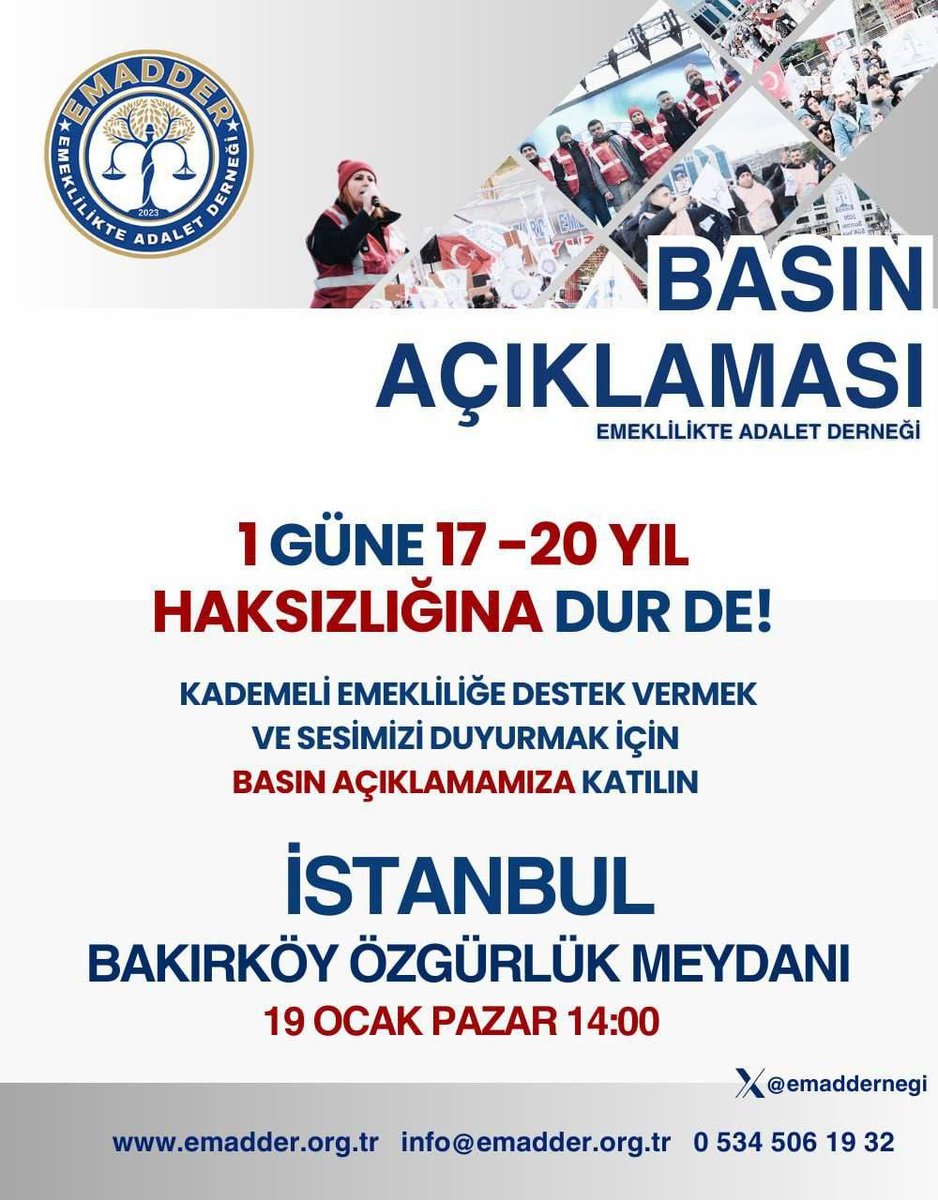 ‼️‼️YENİ TAG DUYURUSU📣📣📣‼️‼️

👉👉 #KademeBakırköyde 👈👈

🌟 EMEKLİLİKTE ADALET İÇİN SOKAKLARDAYIZ! 🌟
🎤 1 Güne 17-20 Yıl Adaletsizliği sona erene kadar ve hak ettiğimiz kademe gelene kadar mücadelemiz yılmadan devam edecek! ✊💪

🗓 19 Ocak Pazar - 14:00'te
📍 İstanbul,