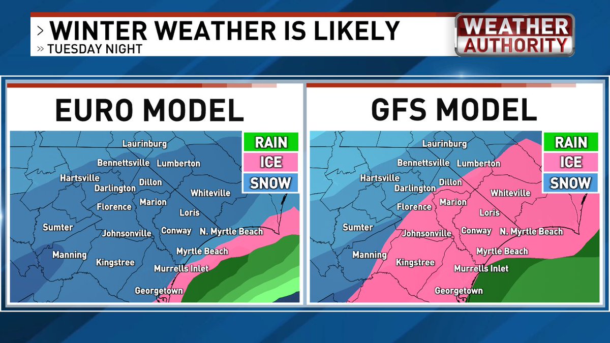 EdPiotrowski's tweet photo. 7:30 AM SATURDAY WINTER WEATHER UPDATE

WHAT’S CHANGED? - Not much at all. Forecast models all agree that winter weather is very likely for our area.

TIMING -  This is a fast-moving system lasting about 12 hours. It likely arrives late Tuesday afternoon or evening and ends by daybreak Wednesday morning.

PRECIPITATION TYPES - Snow and sleet are most likely right now, but freezing rain is possible, especially near the coast. Any sleet and/or freezing rain will depend on whether or not a layer of warm air works in aloft. The GFS model says it will, while the Euro says no, and it’s mainly all snow. It’s a very fine line and depends totally on the track. A slight deviation of 25 miles can mean all snow or a messy mix, significantly reducing snow totals. With that said, it’s increasingly likely several inches of snow will accumulate in parts of the area with the coast having the highest odds of that happening. It's still too soon to talk about specific numbers today, but I plan to put out my first accumulation map on Sunday.

IMPACTS - With the ground cold leading up to and during this potential winter weather event, hazardous driving and other disruptions are likely. Any freezing rain would be a big concern and could lead to power outages. Keep in mind that whatever accumulates won't go away quickly since it will still be very cold through Wednesday and Thursday.

WHAT COULD CHANGE? I’ll say it again, a lot! We’re still three days out and while the odds are very low we see nothing at all or just plain rain, the zones of snow, sleet and freezing will change. They always do this far out.

So, the process of watching the trends continues. I know all the attention is on the potential for snow but please don't let the arctic air catch you off guard. For most of next week, highs will only be in the 30s and lows in the teens and 20s. That kind of cold can burst pipes and strain your heating systems.  Make sure your pets, plants and the elderly are taken care of.

FYI - The GFS Ensemble is lower across the board for accumulating snow because it predicts more sleet and freezing rain and less snow.

I’ll analyze the new data later this morning and have an update this afternoon.