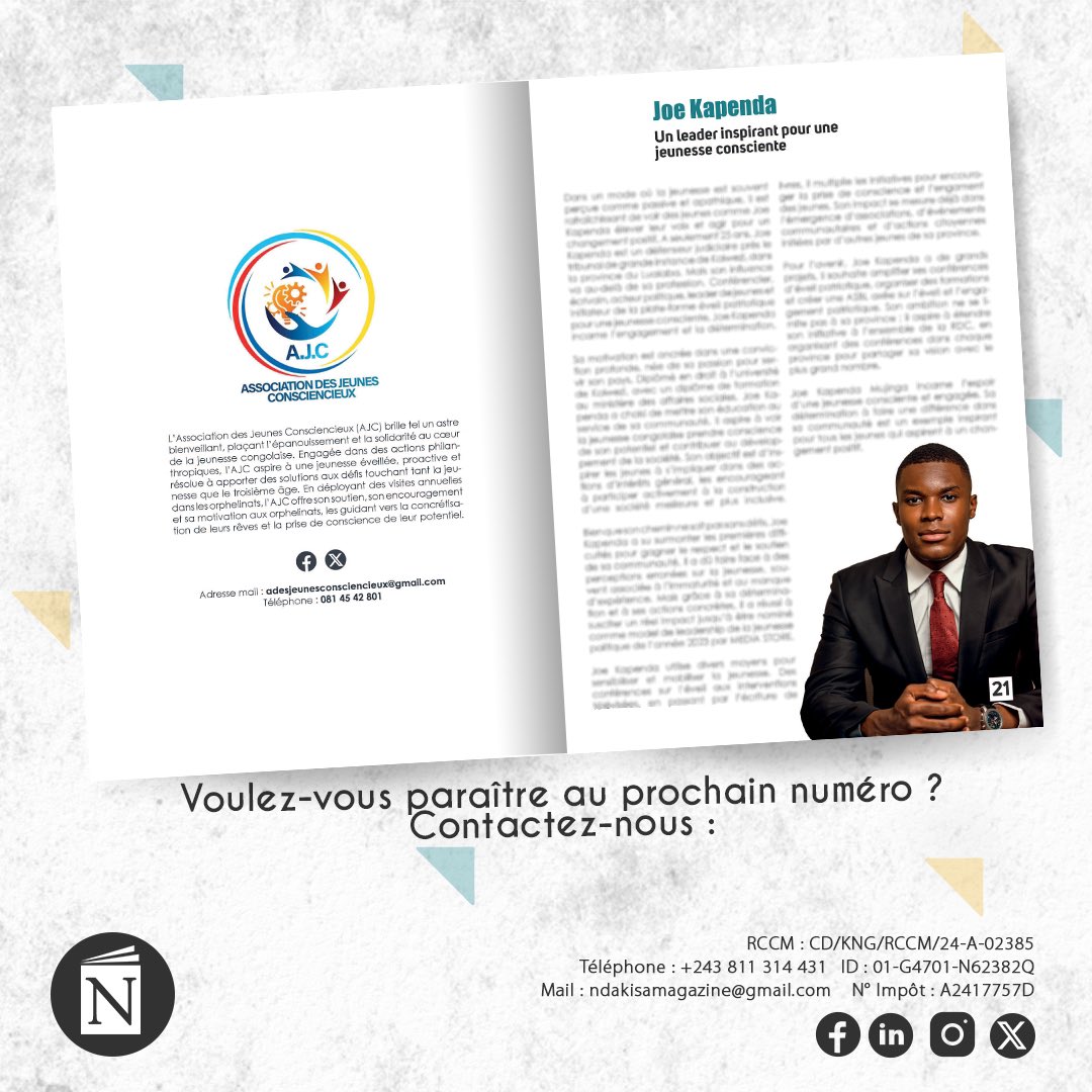 NDAKISA MAGAZINE (@ndakisamagazine) on Twitter photo Procurez-vous la deuxième édition du magazine et découvrez le parcours inspirant de <a href="/joe_mujinga/">Djo kapenda km</a>. Disponible en version papier et électronique.
Email: Ndakisamagazine@gmail.com
Téléphone: 0811314431 Procurez-vous la deuxième édition du magazine et découvrez le parcours inspirant de <a href="/joe_mujinga/">Djo kapenda km</a>. Disponible en version papier et électronique.
Email: Ndakisamagazine@gmail.com
Téléphone: 0811314431