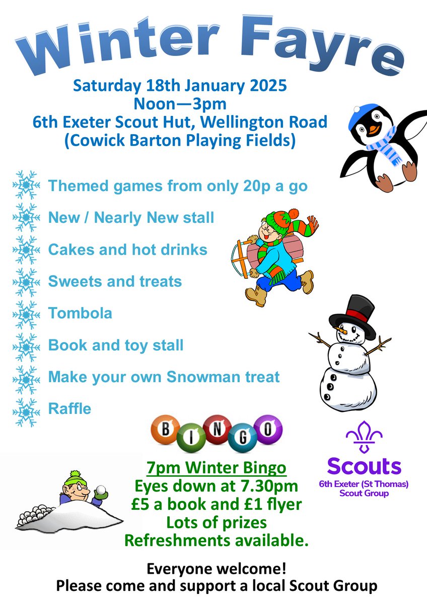 Winter Fayre and Bingo today!

Fayre Noon-3pm ☃️🐧❄️
Bingo 7pm 🎱📝🎁

All welcome.