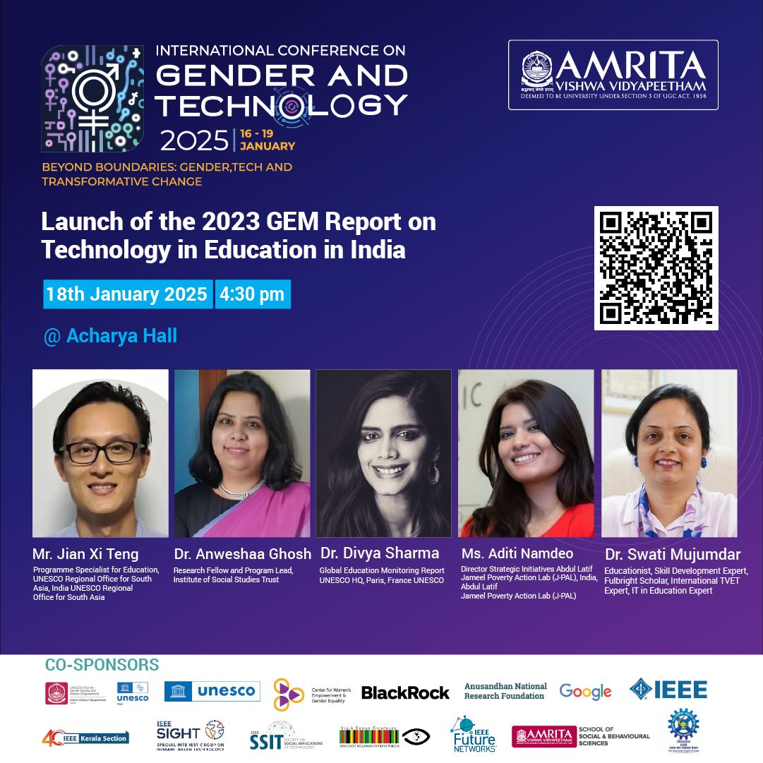 Unveiling the 2023 GEM Report on Technology in Education in India!  Join our distinguished speakers as they explore the transformative power of  in shaping the future of learning! Today at 4:30 PM   #gendertechcon2025 <a href="/unescoindia/">UNESCO South Asia 🏛 #Education #Sciences #Culture</a> <a href="/AMRITAedu/">Amrita Vishwa Vidyapeetham</a> <a href="/IEEEKerala/">IEEE Kerala Section</a> <a href="/CSIR_IND/">CSIR, India</a>