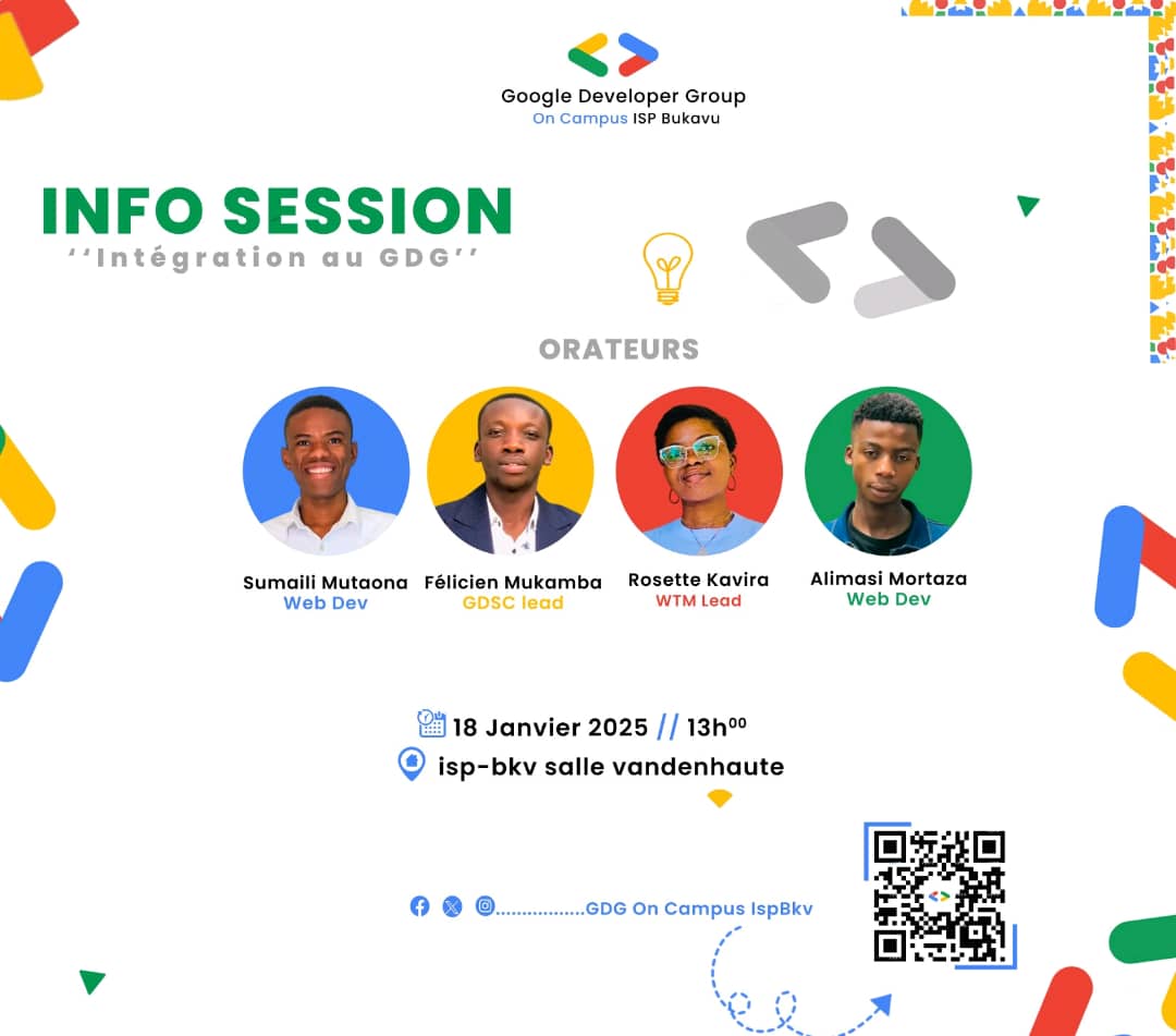 Le grand jour est arrivé c'est pour aujourd'huiÀ 13h* 🎉🥳🕕🕕🕕
📢 INFO SESSION
👉 Thème : "Intégrez GDG et démarrez votre carrière dans la Tech"

🗓 Date : 18 janvier 2025
⏰ Heure : 13h00
📍 Lieu : ISP-BKV, Salle Jean Vandenhamute
 
 À très bientôt pour une session mémorable !