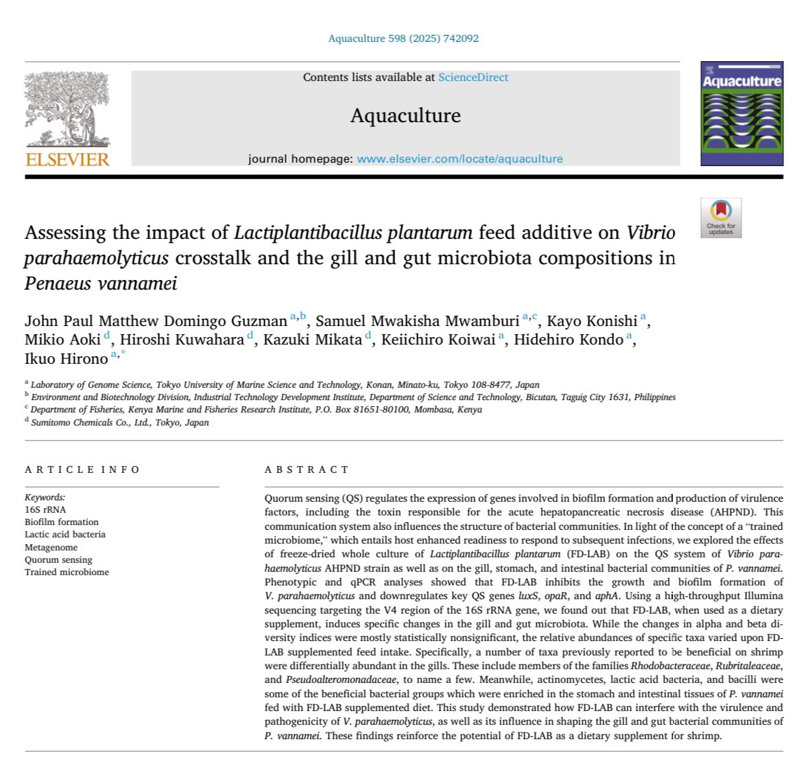 jpmicrobio's tweet photo. My second PhD paper came out recently! 

Here we presented the effects of freeze-dried lactic acid bacteria (FD-LAB) on Vibrio parahaemolyticus quorum sensing and also how its dietary supplementation shaped the gill and gut microbiota of shrimp.

https://t.co/50TKs83VZg https://t.co/pZSA5vSnec