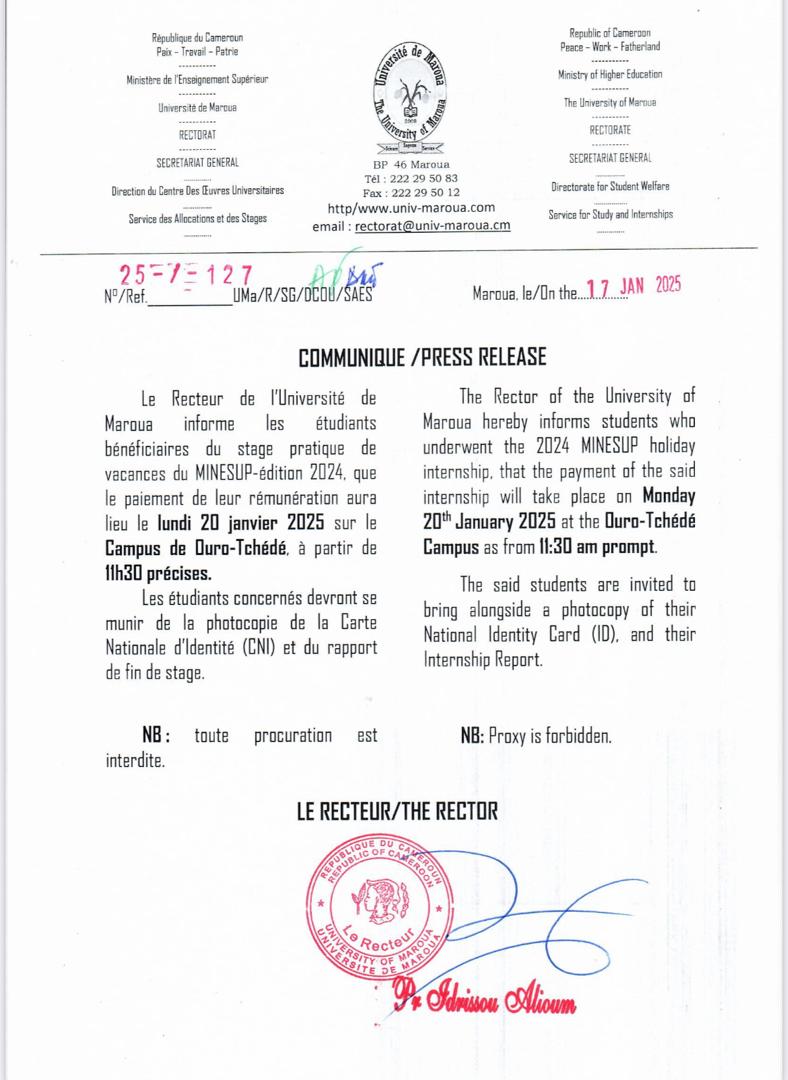 Université de Maroua (@univmaroua) on Twitter photo Paiement des étudiants bénéficiaires de stage pratique de vacances du #Minesup Édition 2024.
<a href="/idrissoualioum/">Pr Idrissou Alioum</a>
<a href="/MinesupCmr/">MINESUP Cmr-Officiel</a> Paiement des étudiants bénéficiaires de stage pratique de vacances du #Minesup Édition 2024.
<a href="/idrissoualioum/">Pr Idrissou Alioum</a>
<a href="/MinesupCmr/">MINESUP Cmr-Officiel</a>