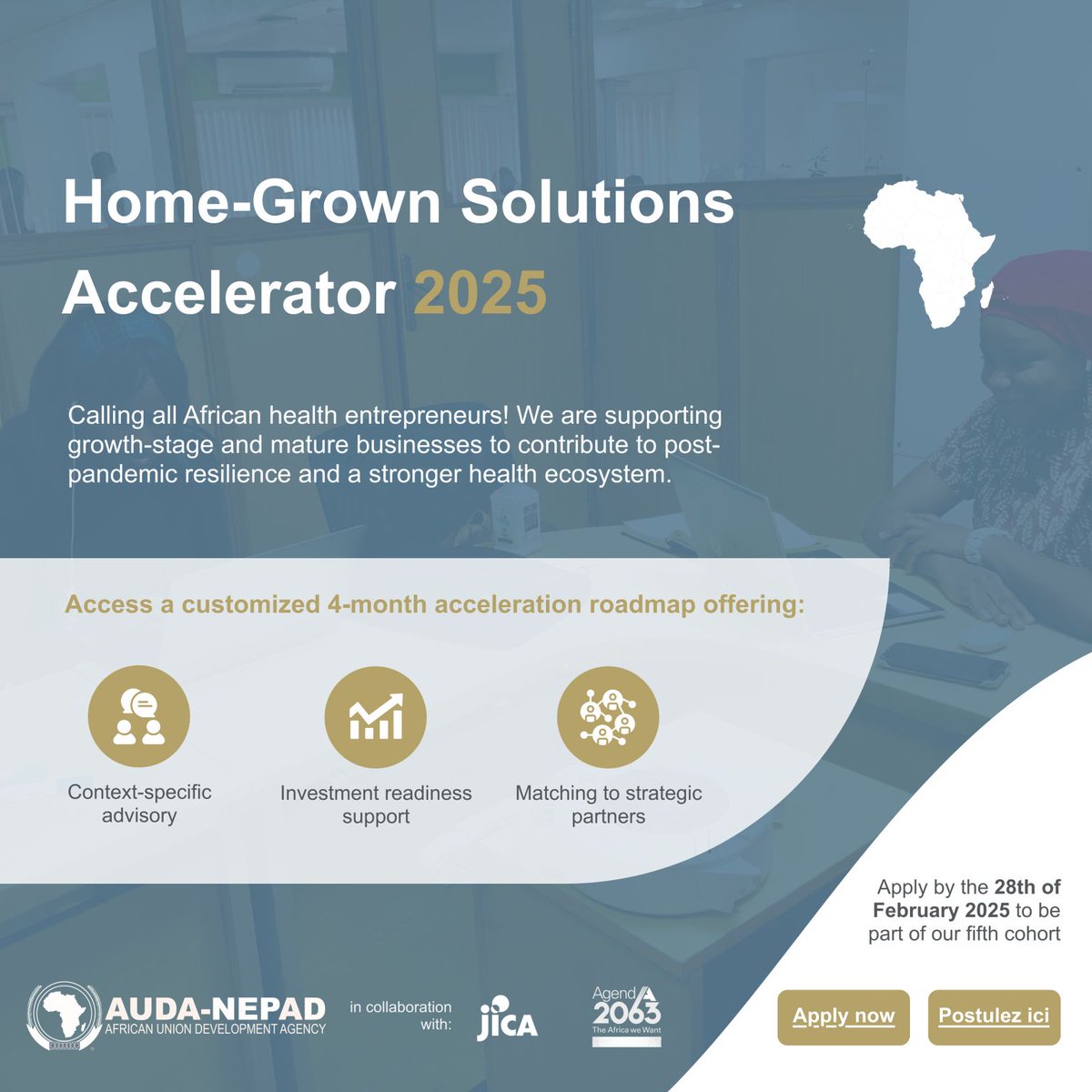 opportunitiesfy's tweet photo. 🚀 Entrepreneurs, tackle Africa's healthcare challenges! Apply for AUDA-NEPAD's Home-Grown Solutions Accelerator Cohort 5 by Feb 28, 2025: https://t.co/PmZ9l3lENt 🌍 #HGSAccelerator #Africa #Healthcare https://t.co/YgNkyVtzb6
