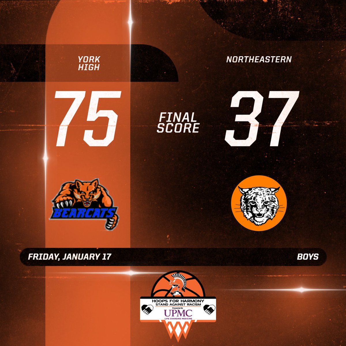 York High Bearcats brought the heat! 🔥 A dominant 75-37 victory over Northeastern in the #HoopsForHarmony showcase. Outstanding teamwork and energy on the court! 🏀💪