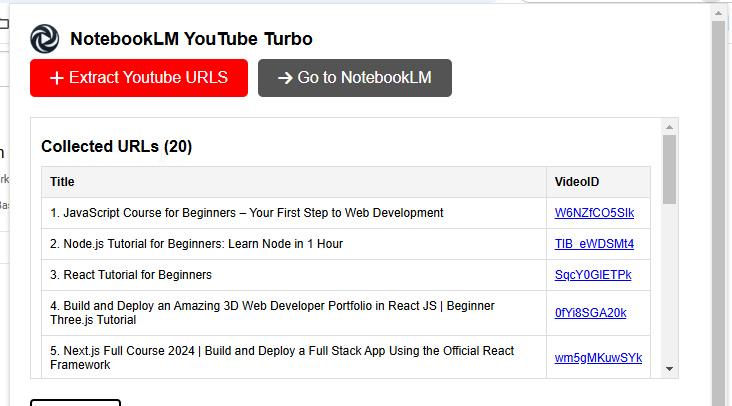 matt_nocode's tweet photo. @andrey_seas use the chrome extension:  "NotebookLM YouTube Turbo" to easily collect all the videolinks so that you can bridge them quickly into NotebookLM... https://t.co/0QXMCSA22e
