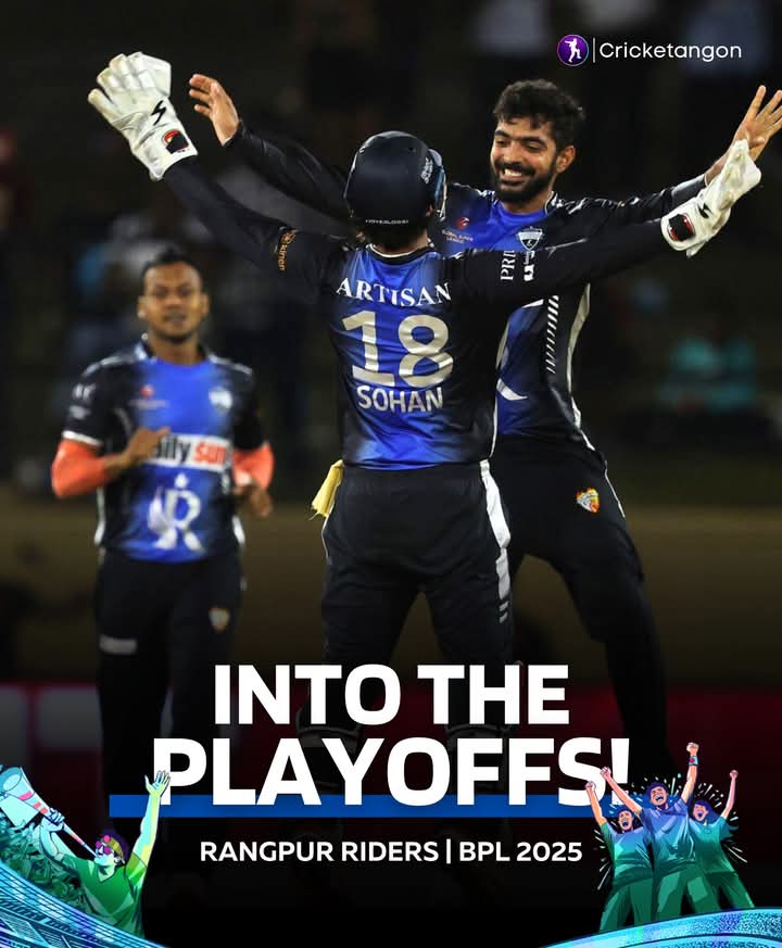 🚨 𝗣𝗟𝗔𝗬𝗢𝗙𝗙𝗦 𝗦𝗘𝗖𝗨𝗥𝗘𝗗  

Rangpur Riders extend their winning streak to an incredible 11 matches since the GSL and become the first team to qualify for the playoffs in this edition of the BPL, securing 16 points ✅  

The Riders are unstoppable and arguably the