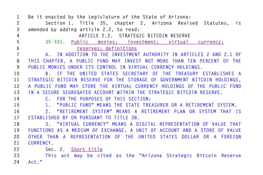 BIG BREAKING: A bill to create a ‘Strategic Bitcoin Reserve’ has officially been introduced in the state of Arizona by <a href="/WendyRogersAZ/">Wendy Rogers</a> 

Arizona becomes the 10th state to join the cause.
