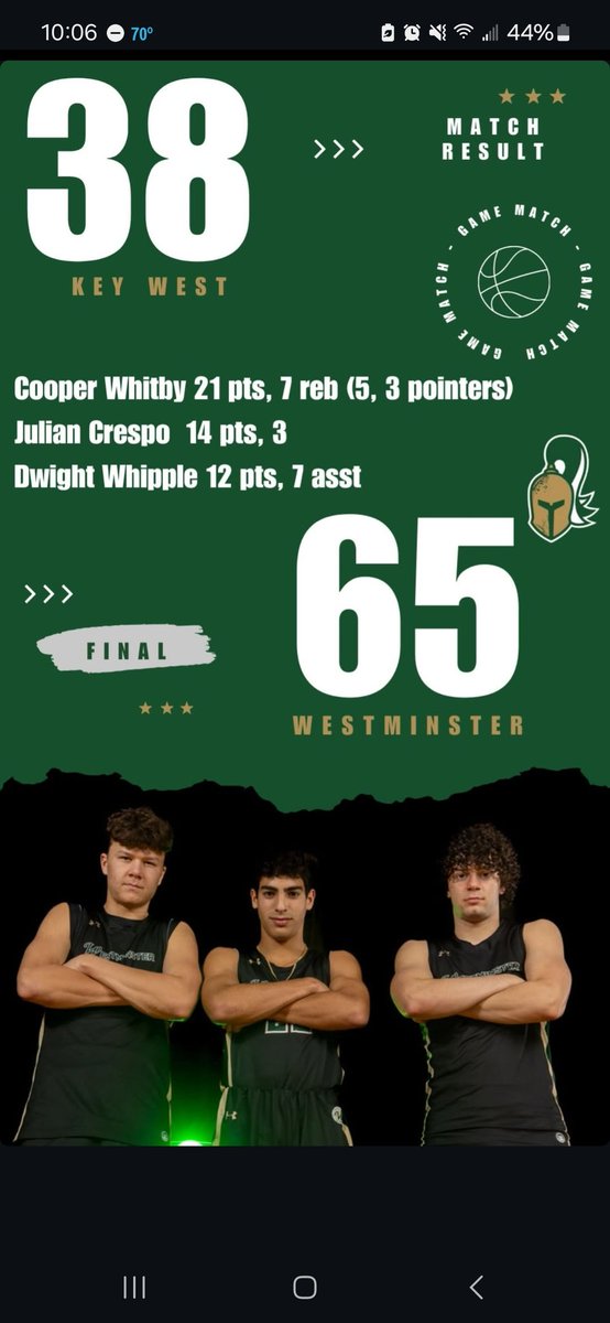Cooper_Whitby31's tweet photo. Warriors win in Key West. 65-38. https://t.co/GOGwZLOPx8