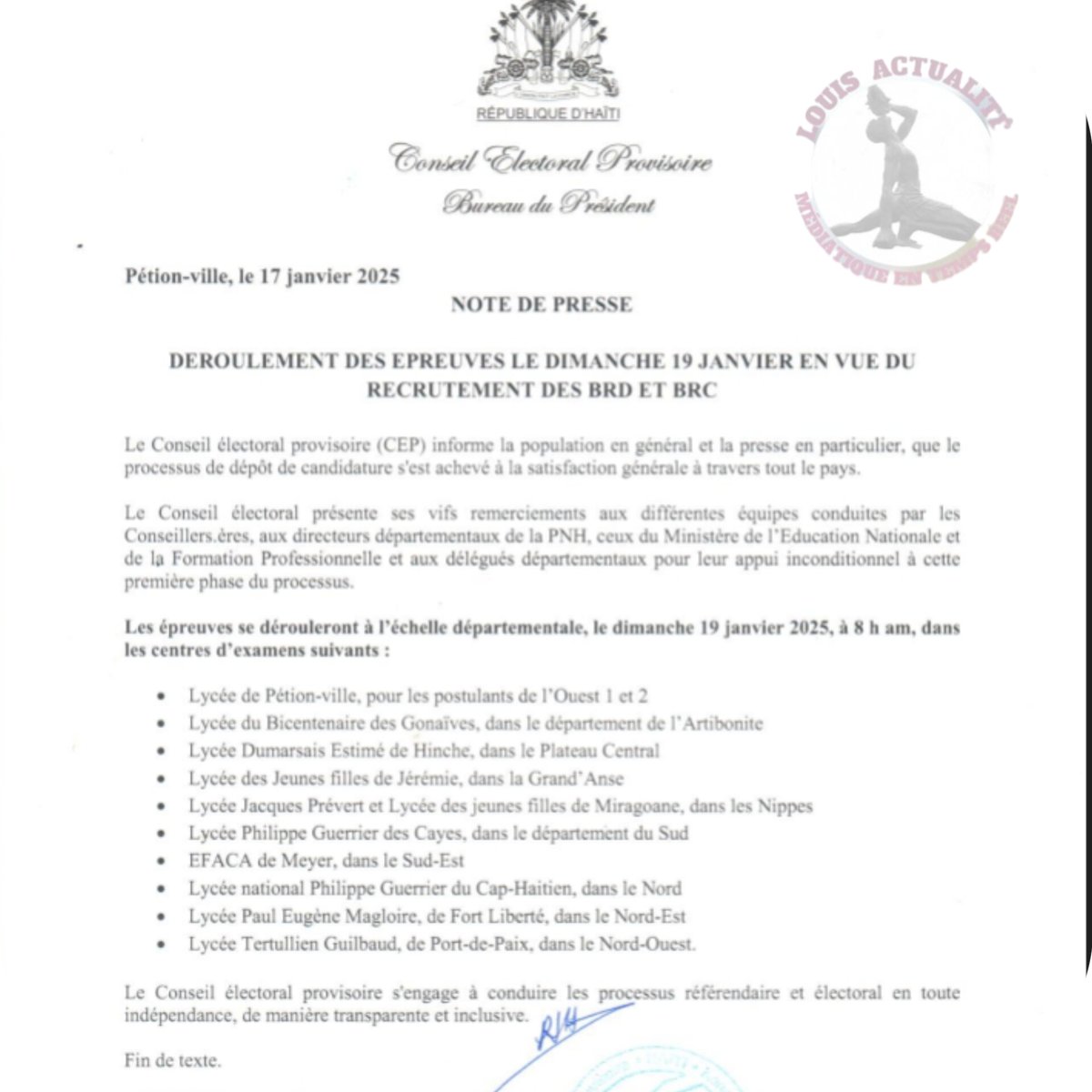 Par  le  truchement d'un  communiqué rendu  public ce vendredi 17 janvier 2025, déroulement des épreuves le dimanche 19 janvier 2025 en vue du recrutement de #BRD et #BRC