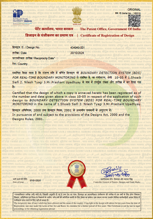SU_CSE's tweet photo. Excited to share that Sharda University’s project Boundary Detection System (BDS) has been awarded a Patent Design Certificate!
contributors:

Shoaib Saifi (Student)
Nilesh Tyagi (Student)
Mr. Prashant Upadhyay (Faculty)
Proud moment for the CSE Department! 
#Patents https://t.co/cnhxElus5b