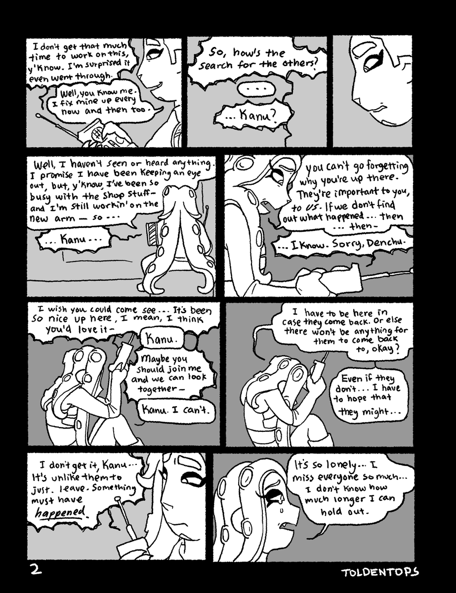 TRANSMISSION: A short comic about a conversation between Denchu, stuck in the domes, and Kanu, living on the surface.
#splatoon #splatoonocs 
