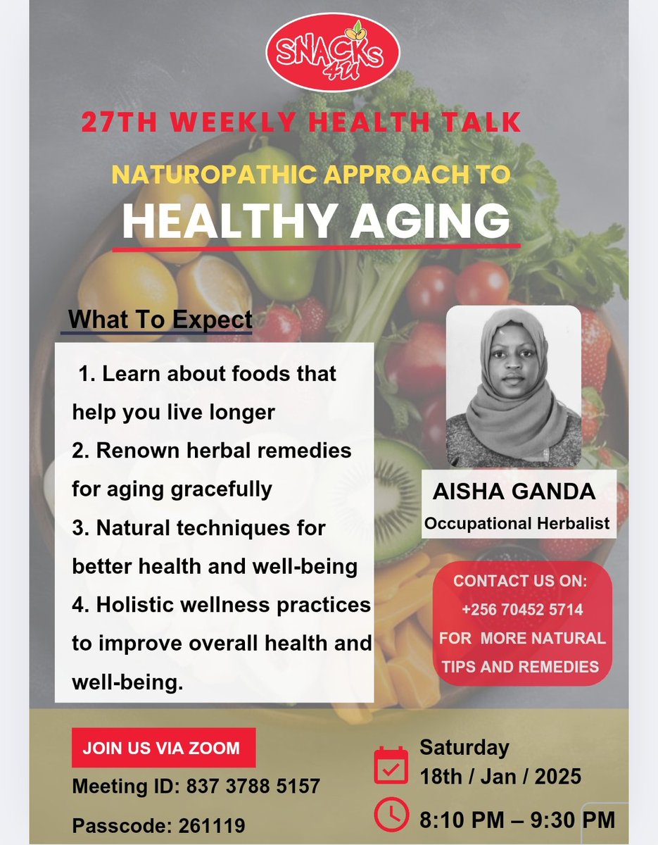 AishaGanda_'s tweet photo. Join us for an enlightening health talk on the Naturopathic Approach to Healthy Aging. Discover foods, herbs, and holistic practices to enhance longevity and well-being. 🌿💪 Saturday, Jan 18th | 8:10 PM (EAT) | Via Zoom. #HealthyAging #Naturopathy #Wellness
#Back2Eden https://t.co/TMaGpkBXS1