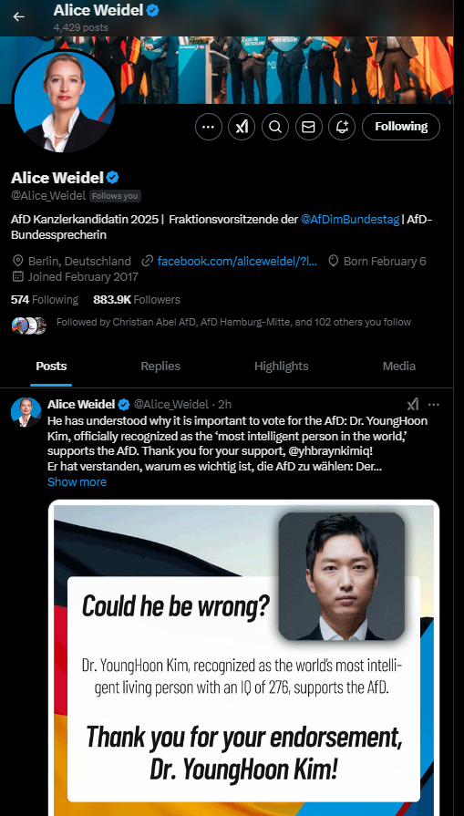 yhbryankimiq's tweet image. Very important statement : I hereby withdraw my support for AfD and Alice Weidel from now.

●  Recently, as I began running a business company, I developed a deep respect for Elon Musk. In line with his support for AfD, I decided to support AfD with a pure heart, hoping to offer…