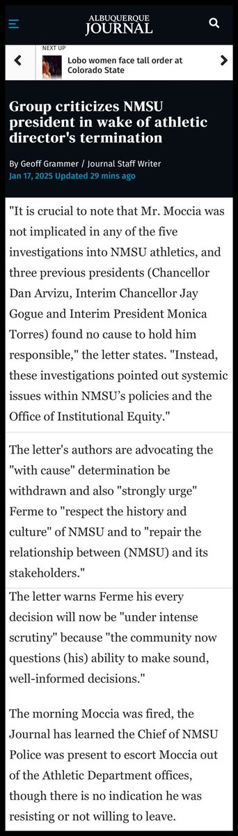 Tom Mars (@tommarslaw) on Twitter photo New Mexico State’s new President comes under intense criticism for firing AD <a href="/MarioMocciaNMSU/">Mario Moccia</a> “for
cause” three hours into the President’s first day on the job. New Mexico State’s new President comes under intense criticism for firing AD <a href="/MarioMocciaNMSU/">Mario Moccia</a> “for
cause” three hours into the President’s first day on the job.