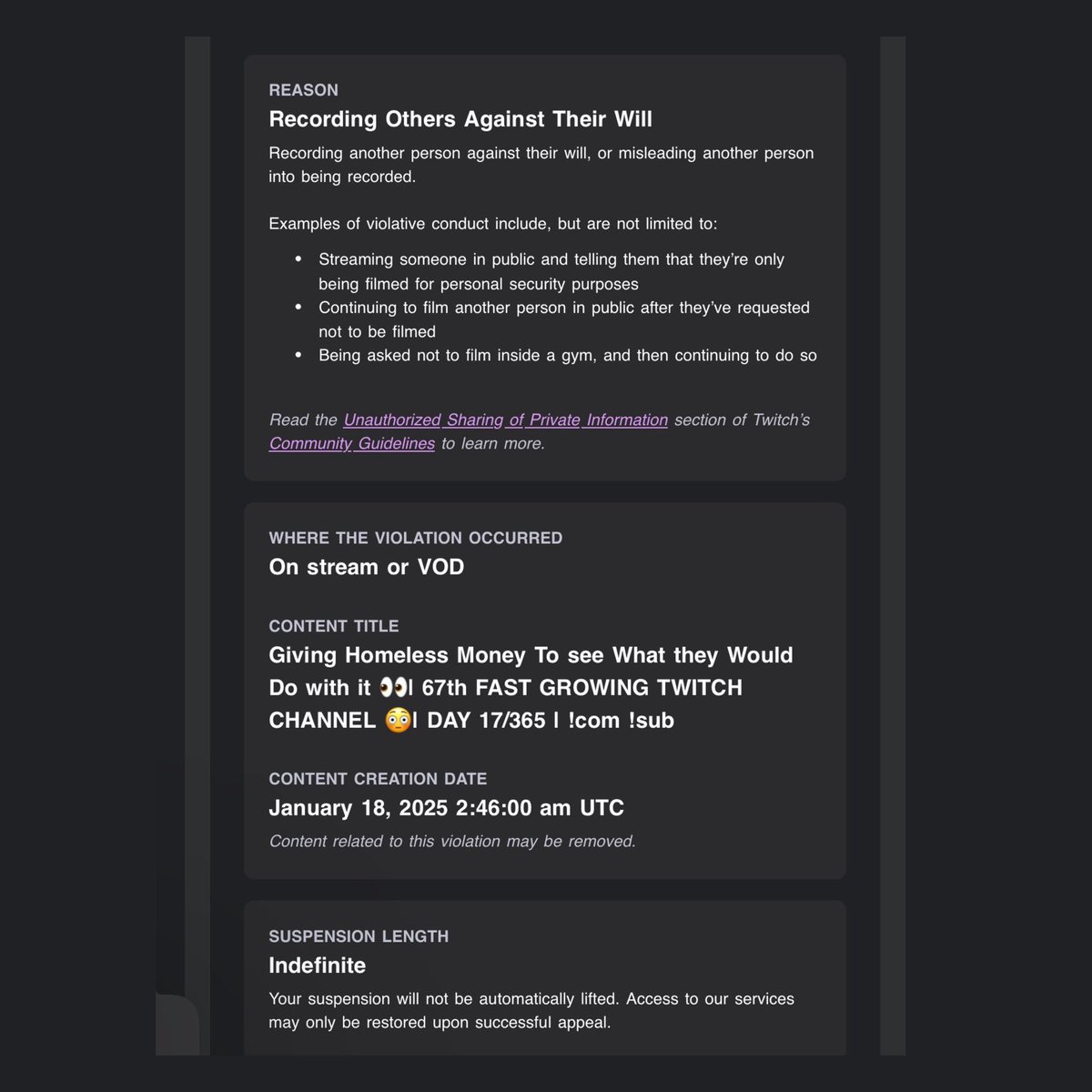 FearedBuck's tweet photo. Kanel Joseph has been permanently banned on Twitch for ‘recording others against their will’ after his stream where he gave money to the homeless to see what they would do with it 👀 https://t.co/kZurr3IuXk