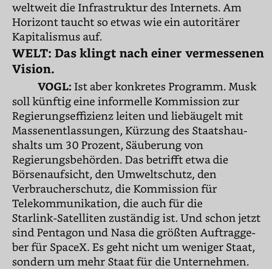 Das ist das Ziel von <a href="/elonmusk/">Elon Musk</a> - ein autoritärer Staat, der die monopolkapitalistischen Unternehmen unreguliert und ungehemmt zum Nachteil aller agieren läßt. Nichts könnte dem Ordoliberalismus fremder sein als diese Machtverschränkung.