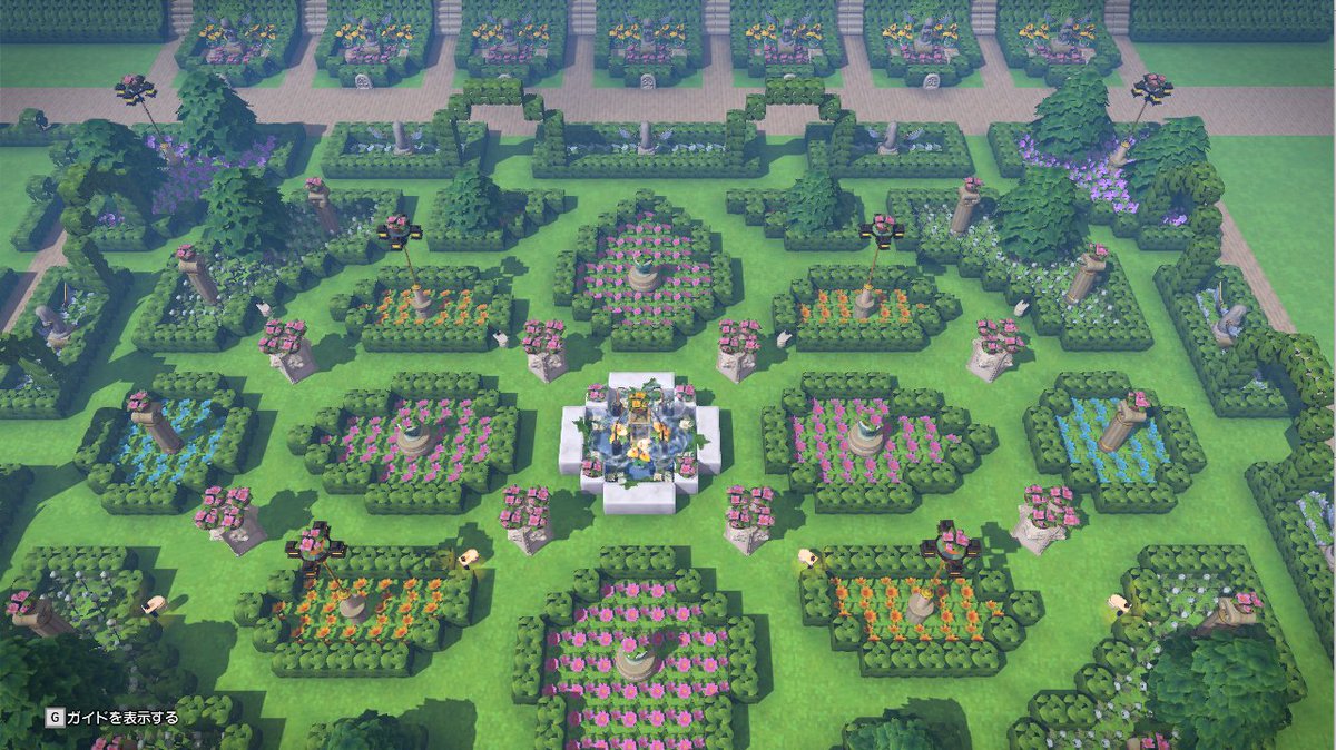 大聖堂の両サイドに庭園を作りました⸜(*ˊᗜˋ*)⸝
花関連の素材が、たくさん必要でした
同じ庭園を反対側にも作ってあります
今後、庭園をたくさん作るので
花関連の確保が必要になります
なので花集めもがんばります(∩ˊᵕˋ∩)
①庭園全体　　　②中央の噴水
③庭園と大聖堂　④上空からの庭園
#DQB2