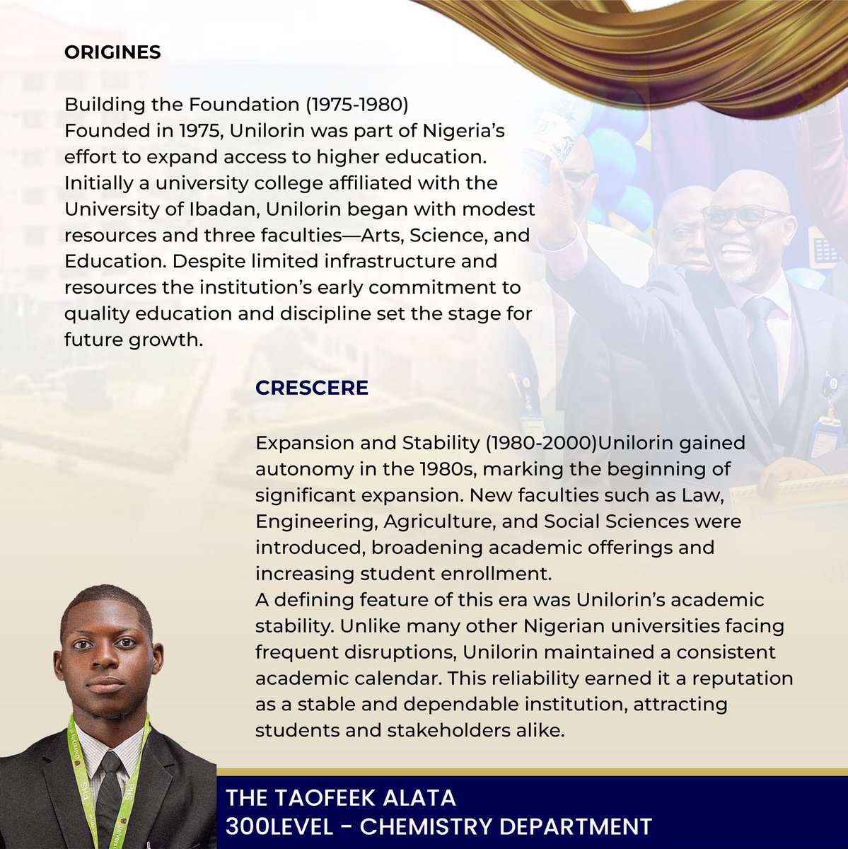 alfilfil_boy's tweet photo. The story of @UnilorinNGR is deeply rooted in a journey of diverse processes that culminated in its motto “Probitas Doctrina” and serving as a benchmark of excellence that millions take pride in.

50 Years of Impacts!📚 
Check out my piece. 👍😊 https://t.co/47MBLFvvFN