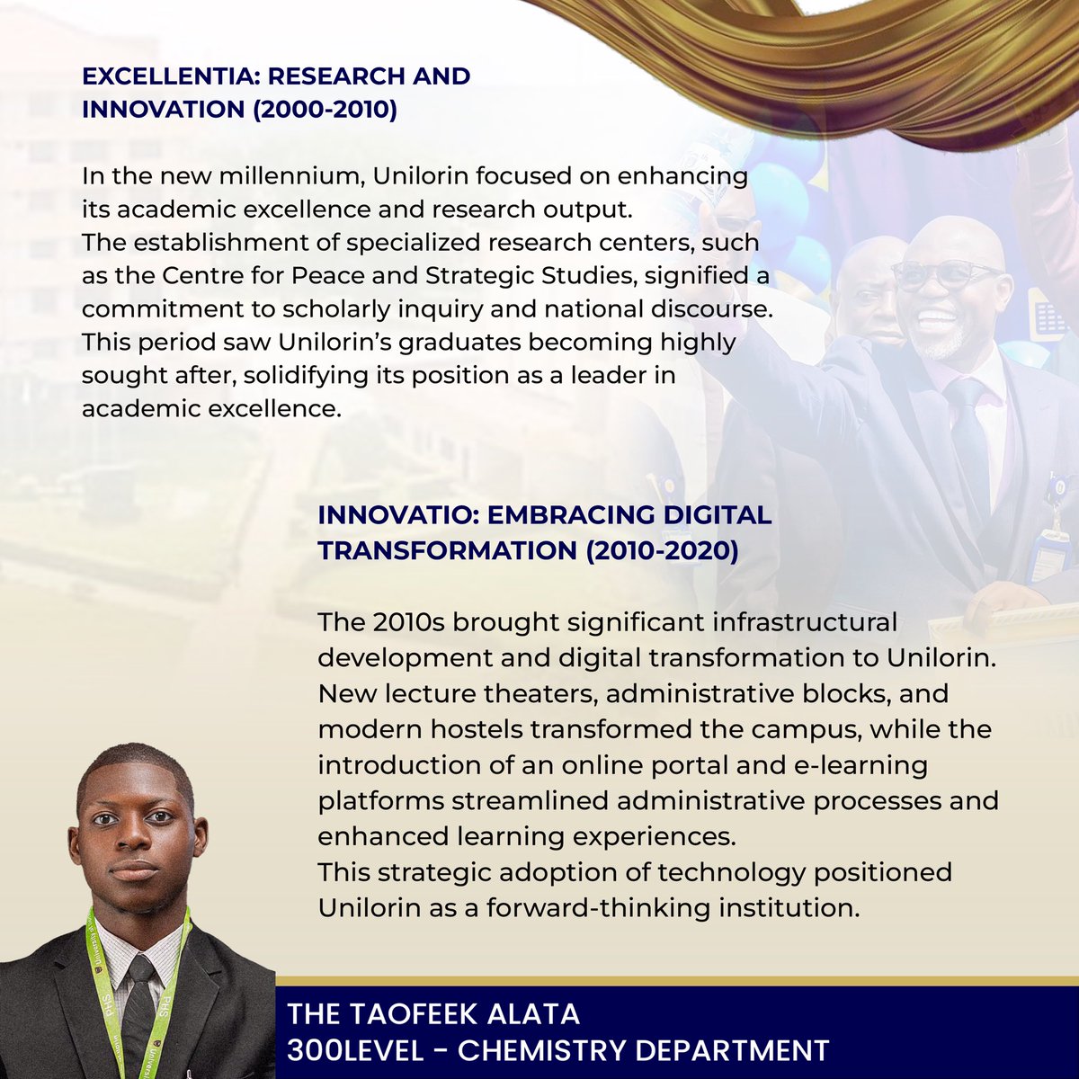 alfilfil_boy's tweet photo. The story of @UnilorinNGR is deeply rooted in a journey of diverse processes that culminated in its motto “Probitas Doctrina” and serving as a benchmark of excellence that millions take pride in.

50 Years of Impacts!📚 
Check out my piece. 👍😊 https://t.co/47MBLFvvFN