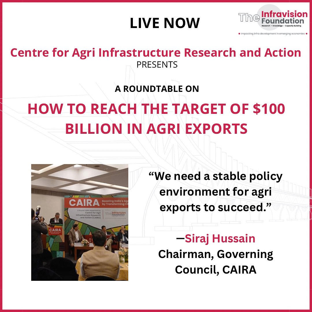 TheInfravision's tweet photo. At a recent event, Siraj Hussain, Chairman of CAIRA's Governing Council, emphasized the critical need for a stable policy environment to drive the success of India's agricultural exports. #AgriExports #PolicyStability #India #CAIRA https://t.co/fbWiEY6MVJ