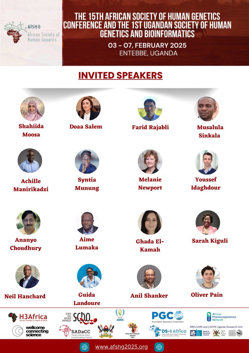 AfSHGenetics (@afshg_genetics) on Twitter photo ⏳17 days till the 15th <a href="/AfSHG_Genetics/">African Society of Human Genetics</a> & the 1st Ugandan Society of Human Genetics and Bioinformatics Conference to take place in Entebbe, Uganda 🇺🇬
📆Dates: 3-7 February 2025
‼️Meet our invited speakers & find out more about how to register & apply for your visa below 👇🏿 ⏳17 days till the 15th <a href="/AfSHG_Genetics/">African Society of Human Genetics</a> & the 1st Ugandan Society of Human Genetics and Bioinformatics Conference to take place in Entebbe, Uganda 🇺🇬
📆Dates: 3-7 February 2025
‼️Meet our invited speakers & find out more about how to register & apply for your visa below 👇🏿